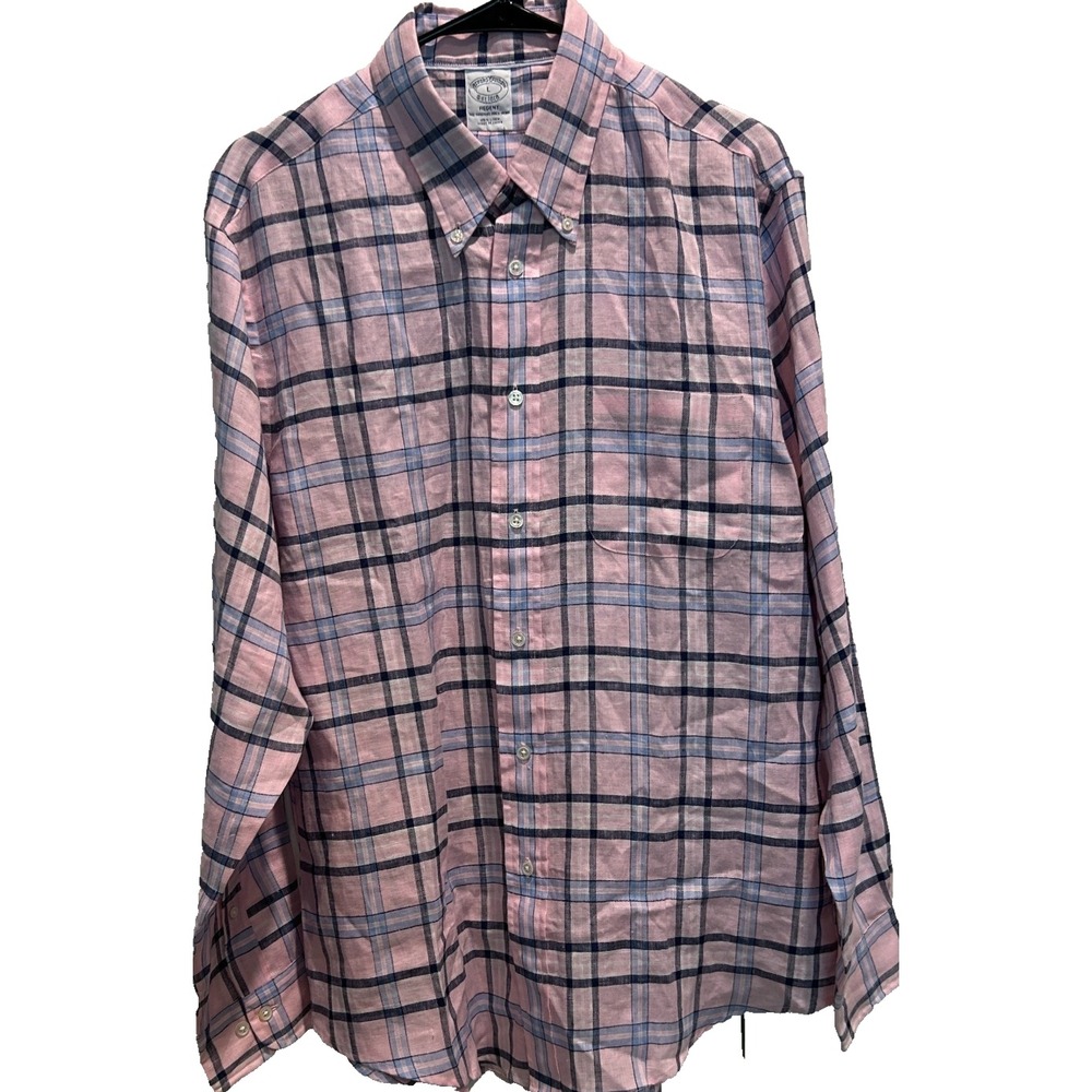 Brooks Brothers Regent 100% Linen Men's Oxford Dress Shirt Large Pink Plaid - Picture 2 of 6